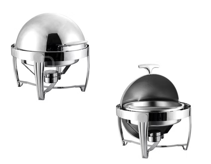 Nồi hâm buffet bao gồm khay inox tròn chứa thức ăn.
