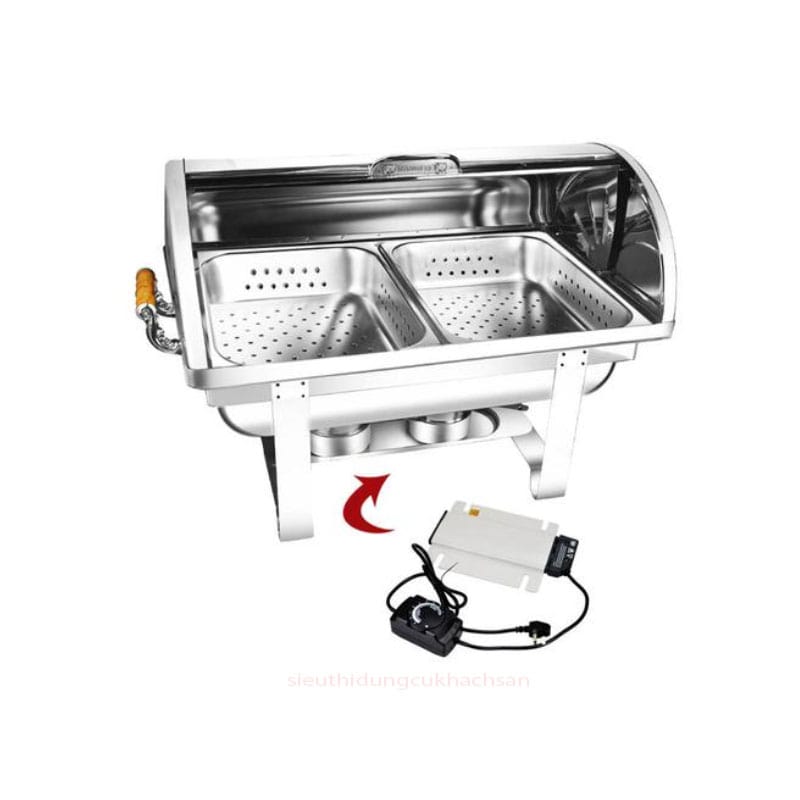Nồi hâm buffet giữ nóng thức ăn dùng điện khi có thêm đầu hâm điện gắn vào.