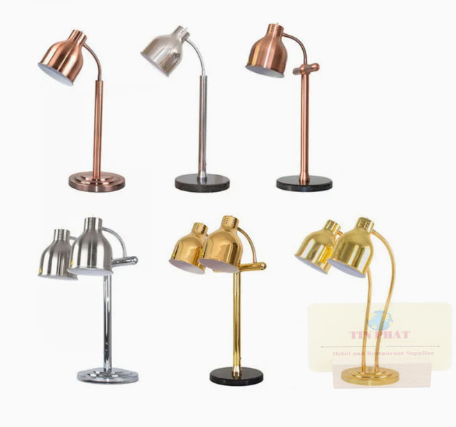 6 màu sắc và kiểu dáng khác nhau của đèn hâm nóng thức ăn buffet.