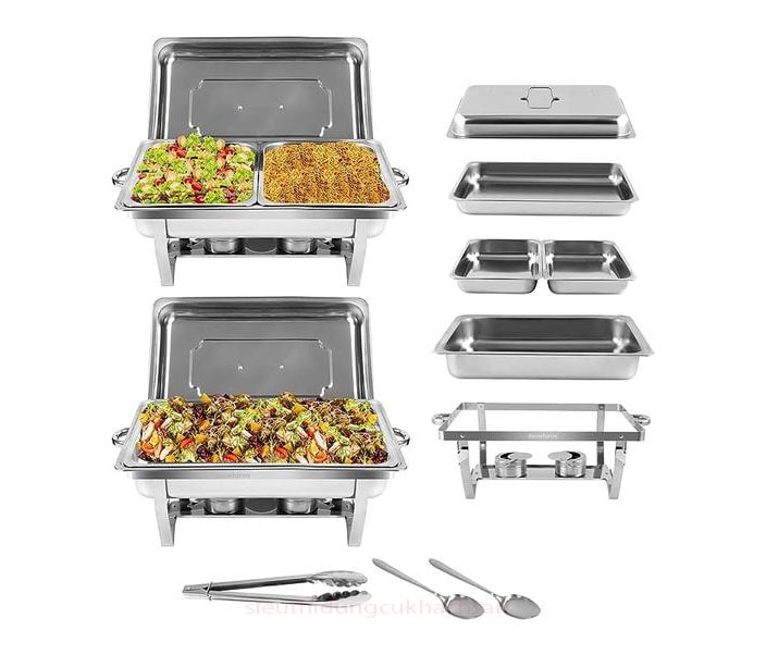 Nồi hâm nóng có 2 ngăn đựng thức ăn buffet riêng biệt.